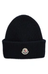 MONCLER MONCLER LOGO CUFF VIRGIN WOOL & CASHMERE BLEND BEANIE