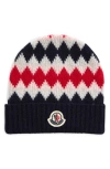 Moncler Logo Diamond Cuff Wool Beanie In Blue