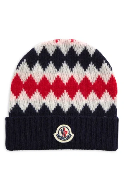 Moncler Logo Diamond Cuff Wool Beanie In Medium Blue