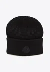 Moncler Textured Knit Hat With Prominent Logo Detail In Black