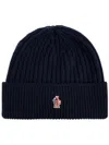 Moncler Grenoble Black Ribbed Beanie With Logo Patch In Wool Man In Black