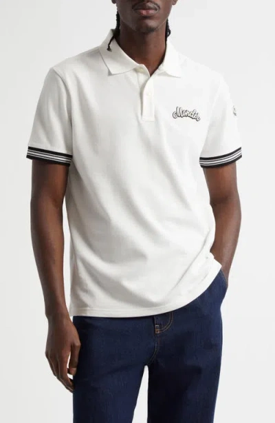 Moncler Logo Embroidered Cotton Polo In Silk White