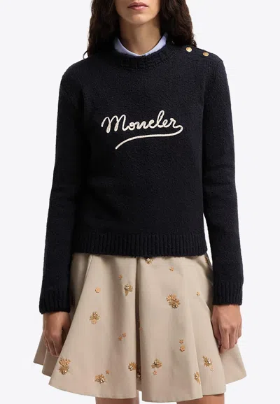 Moncler Embroidered Logo Cotton Blend Sweater In Blue