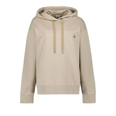 Moncler Logo Embroidered Drawstring Hoodie In Beige