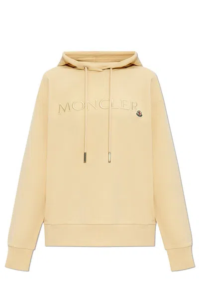 Moncler Logo Embroidered Hooded Sweatshirt In Beige