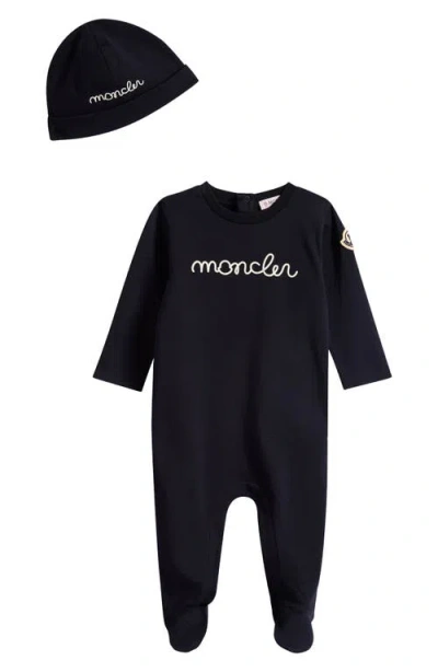 Moncler Kids'  Logo Embroidered Layette & Beanie Set In Blue