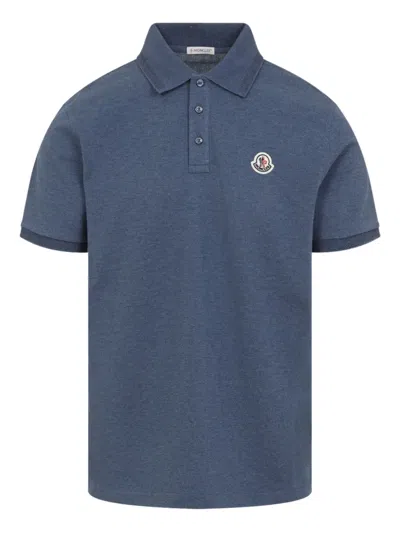 Moncler Cotton Polo Shirt With Logo On The Front In Blue