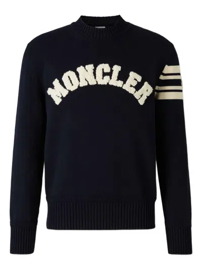 Moncler Logo-embroidered Striped-sleeve Sweater In Blue