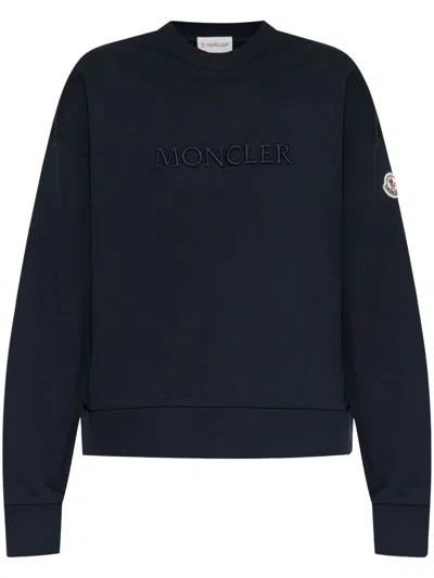 Moncler Embroidered Logo Crew Neck Sweatshirt In Blue