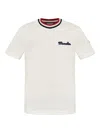 Moncler White Cotton T-shirt With A Contrasting Ribbed Striped Collar And Logo In White