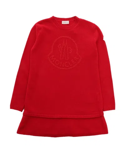 Moncler Logo-embroidered Virgin-wool Knitted Dress In Red