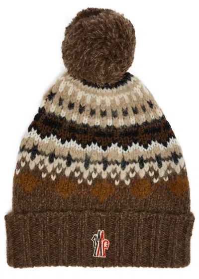 Moncler Logo Fair Isle Intarsia Wool-blend Beanie In Blue