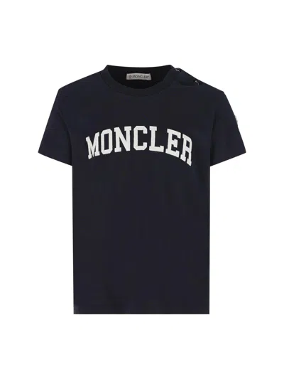 Moncler Kids' Logo Flocked Crewneck T-shirt In Blue