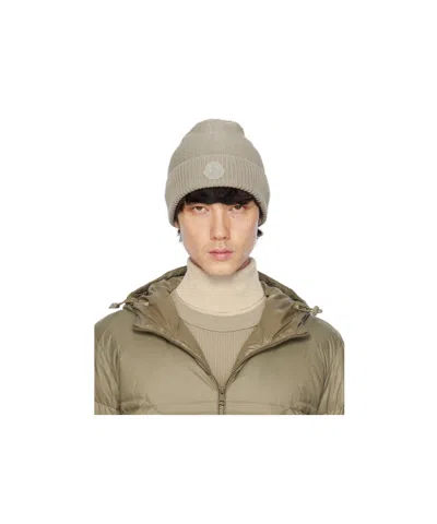 Moncler Beige Logo Patch Beanie In 207 - Sand Beige