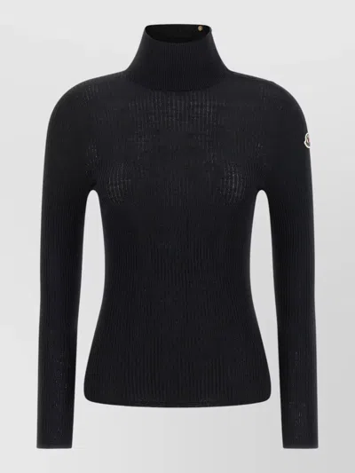 Moncler Logo High Neck Ribbed Knit Sweater In Black