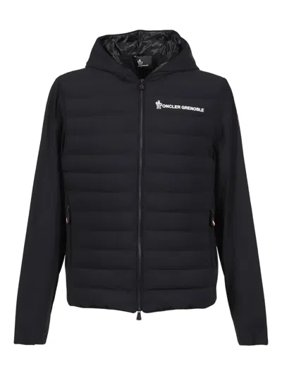 Moncler Striped Detailing Cotton Blend Hooded Jacket In Black