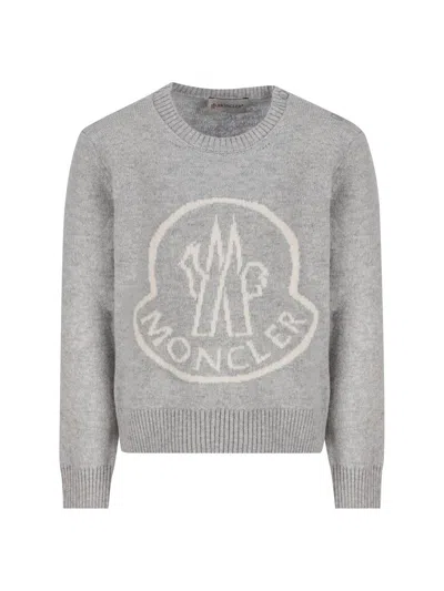 Moncler Kids' Logo Intarsia Crewneck Jumper In Grey