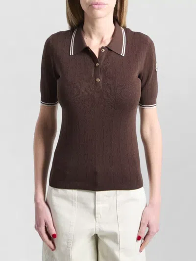 Moncler Logo Knit Diamond Pattern Polo Shirt In Brown