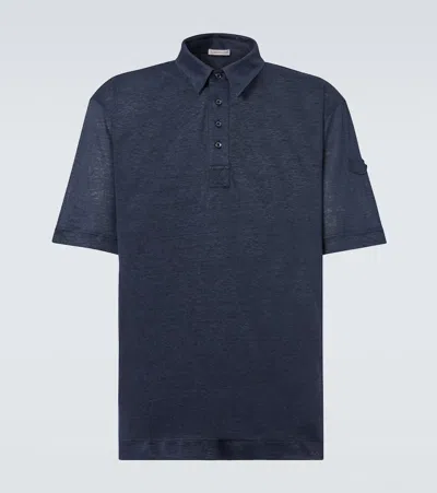 Moncler Logo Linen Polo Shirt In Blue