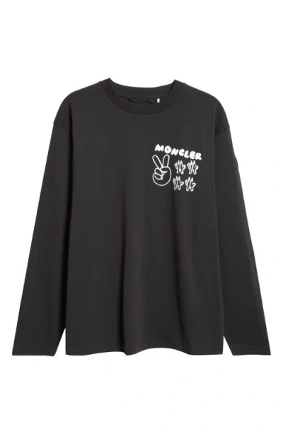 Moncler Logo Long Sleeve Cotton Graphic T-shirt In Black Gray