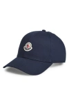 Moncler Structured Black Gabardine Baseball Cap With Logo Patch In Blue
