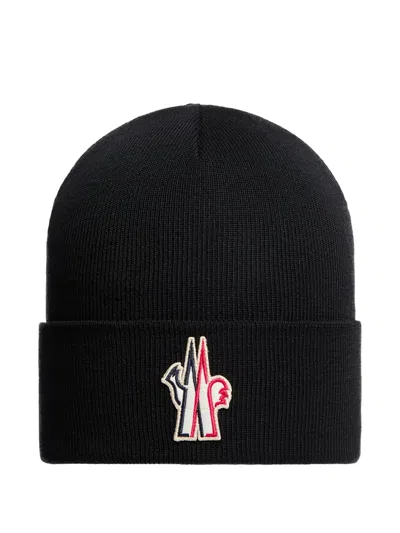 Moncler Grenoble Logo Patch Virgin Wool Beanie In Black