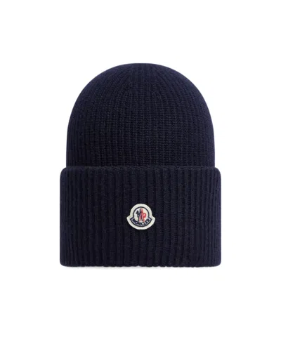 Moncler Logo Patch Cuff Virgin Wool Rib Beanie In Black