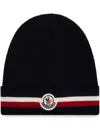 Moncler Tricolor Stripe Ribbed Wool Beanie In Blue