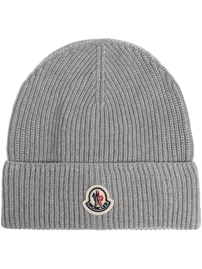 Moncler Logo-patch Beanie In Grey