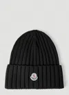 Moncler Logo Patch Beanie Hat In Black