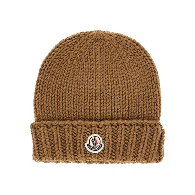 Moncler Kids' Logo Patch Beanie Hat In Brown