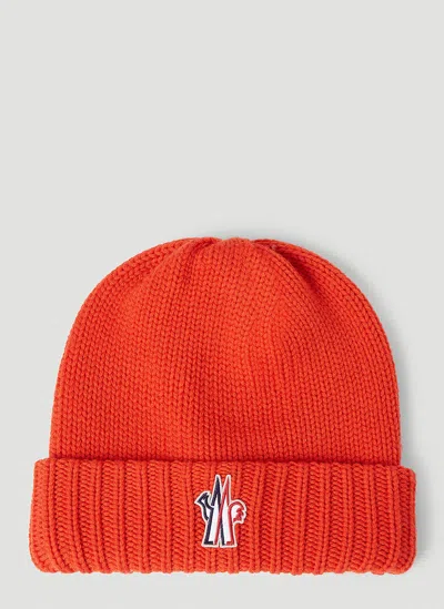 Moncler Logo Patch Beanie Hat In Orange