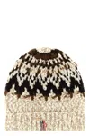 Moncler Beige Brown Geometric Pattern Beanie Hat In Multi