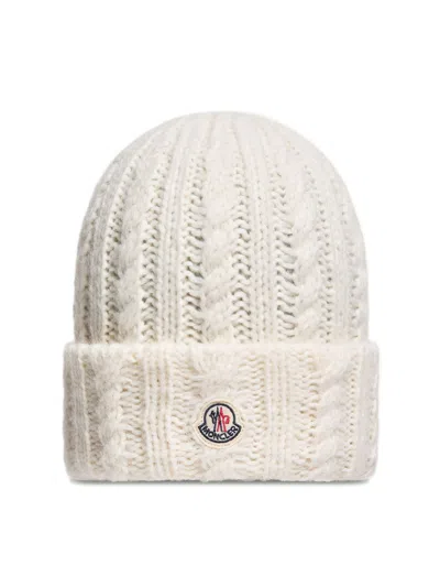 Moncler Logo Patch Cable & Rib Knit 3-gauge Alpaca Blend Beanie In Bianco