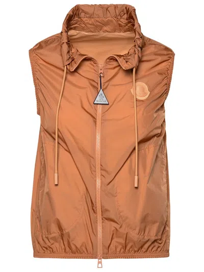 Moncler Logo Patch Care Gilet In Brown