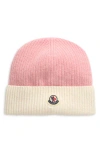 Moncler Logo Patch Colorblock Rib Wool Beanie In Rose Pink