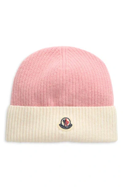 Moncler Logo Patch Colorblock Rib Wool Beanie In Rose Pink