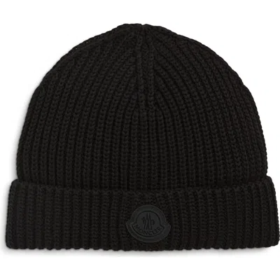 Moncler Logo Patch Cotton Rib Beanie In Black