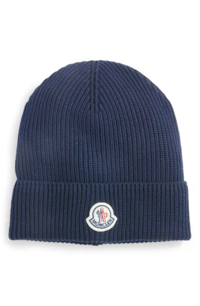Moncler Logo Patch Cotton Rib Beanie In Navy