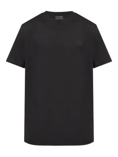 Moncler Crew Neck Cotton T-shirt With Tone-on-tone Logo Details In Black