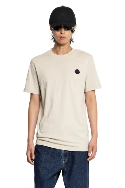 Moncler Crewneck T-shirt With Leather Logo Patch In Neutral