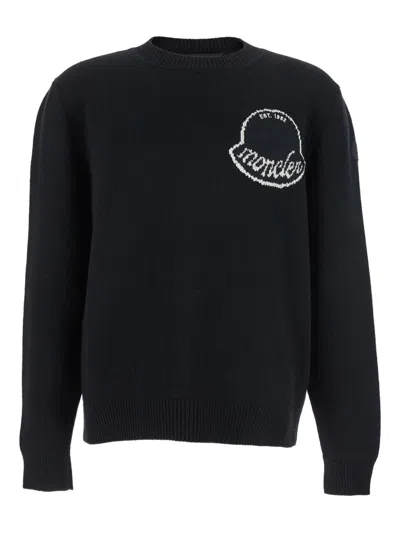 Moncler Wool Logo Sweater With Ribbed Crew Neck In Black