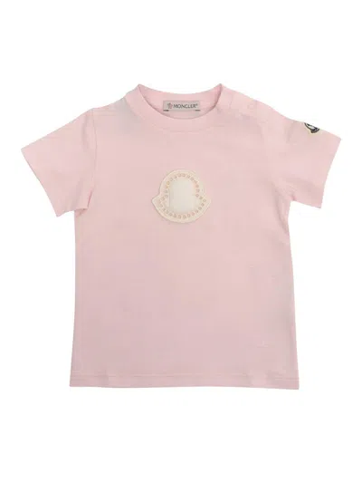 Moncler Babies' Logo Patch Crewneck T-shirt In Pink