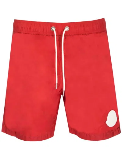 Moncler Logo Patch Drawstring Swim Shorts In Red