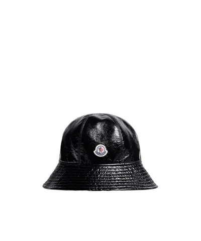 Moncler Logo-patch High-shine Bucket Hat In Black