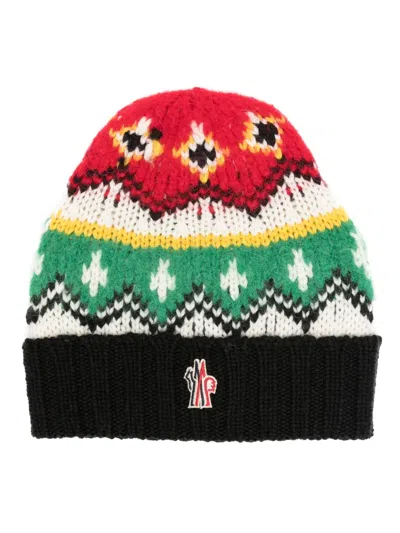 Moncler Multicolor Wool Beanie In Red