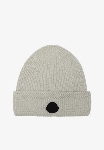 Moncler Logo Patch Knit Beanie In White