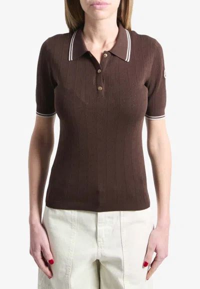 Moncler Logo Knit Diamond Pattern Polo Shirt In Brown