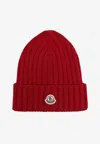 Moncler Cable-knit Wool Beanie With Logo In Burgundy In Red