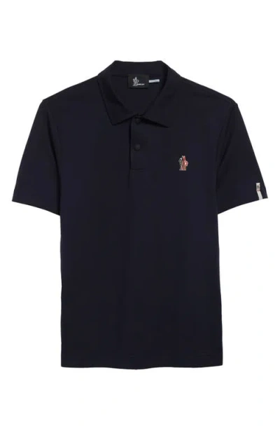 Moncler Logo Patch Nylon Piqué Polo In Navy Blue